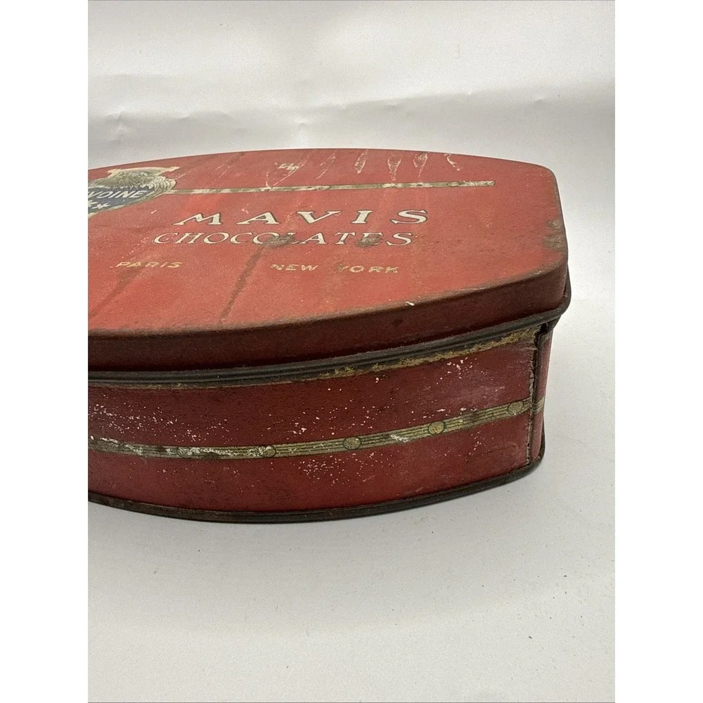 Antique Devoine Mavis Chocolates Tin Paris New York Oval Red Advertising Box
